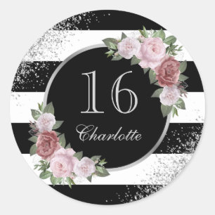 Sticker Rond Argent rose noir Floral Sweet 16 Anniversaire