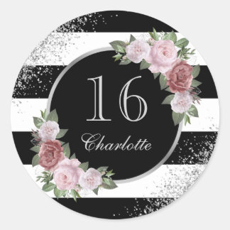 Sticker Rond Argent rose noir Floral Sweet 16 Anniversaire