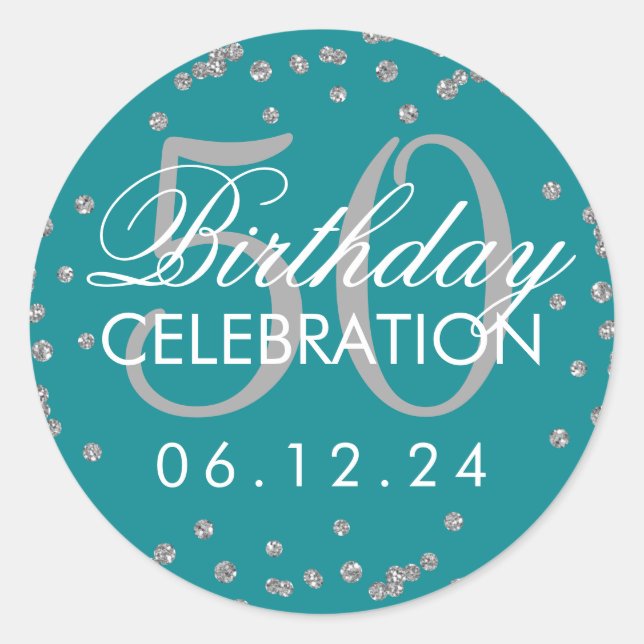 Sticker Rond Argent Turquoise 50e anniversaire Faux Parties sci (Devant)
