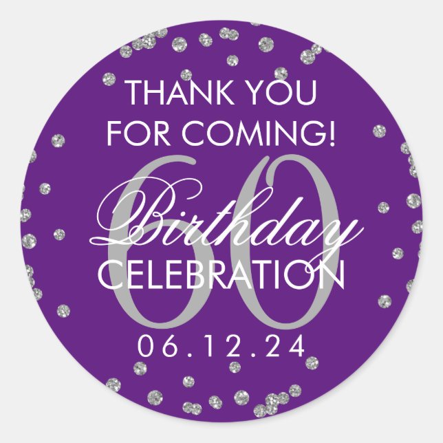 Sticker Rond Argent violet 60e anniversaire Merci Confetti (Devant)