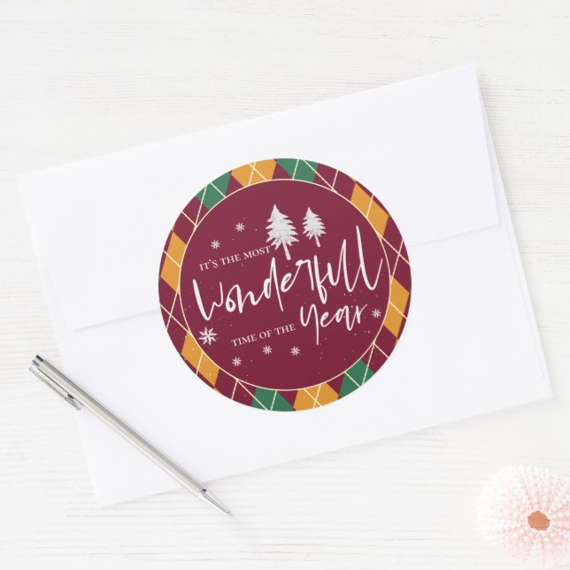 Sticker Rond Argyle Jaune Orange Vert Joyeux Noël (Enveloppe)