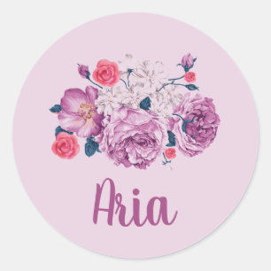 Sticker Rond Aria Nom Fleur Personnalisé Fleur Vintage Fille 