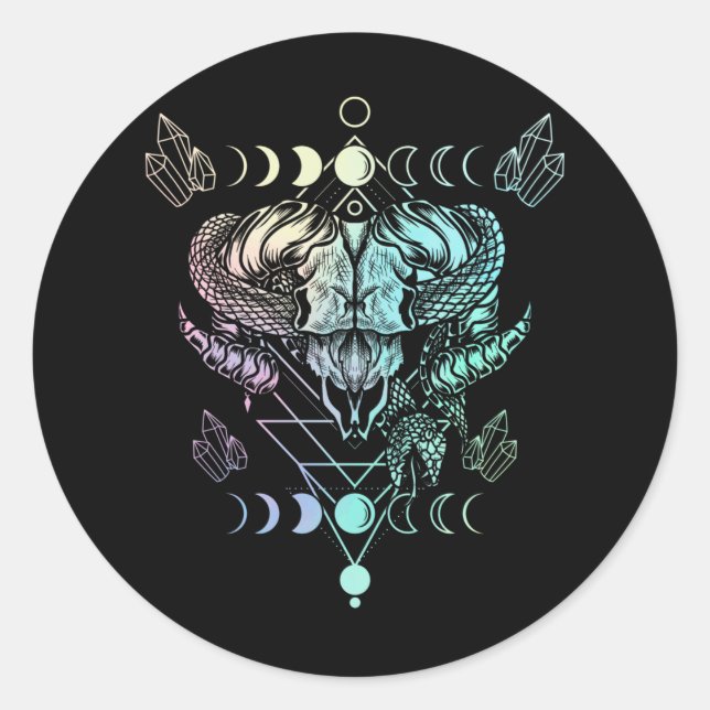 Sticker Rond Aries Serpent crâne Wicca Crescent Occulte Goth Lu (Devant)