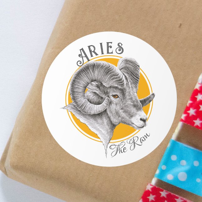 Sticker Rond Aries signe Zodiac Astrologie Bighorn Ram Art anim (Créateur téléchargé)