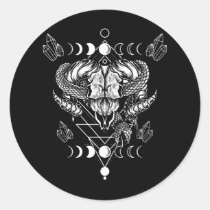 Sticker Rond Aries Skull Wicca Occulte Crescent Moon Witchcraft
