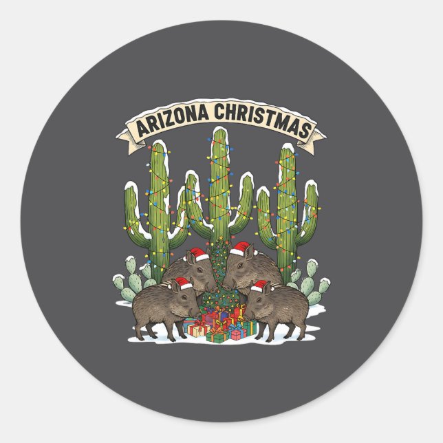 Sticker Rond Arizona Christmas Javelina Family Desert Saguaros  (Devant)