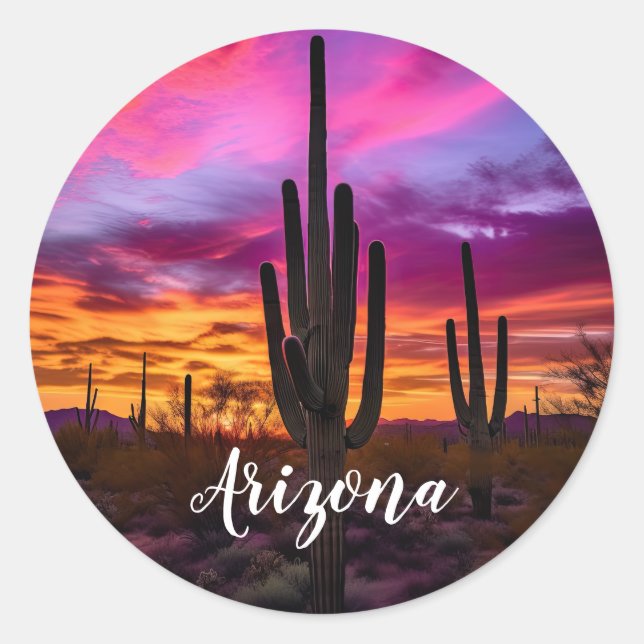 Sticker Rond Arizona Saguaro Cactus Sud-Ouest Désert Sunset (Devant)