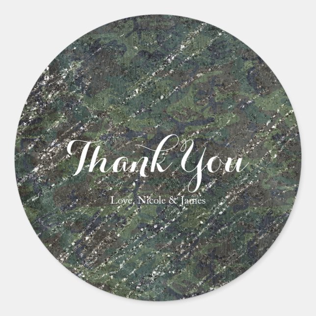 Sticker Rond Armée verte et argent Camo Sparkle Élégant Party (Devant)