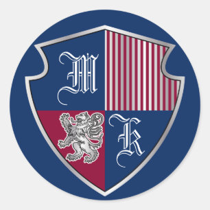 Sticker Rond Armoiries Monogramme Emblème Argent Lion Bouclier