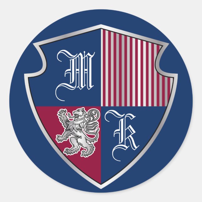 Sticker Rond Armoiries Monogramme Emblème Argent Lion Bouclier (Devant)
