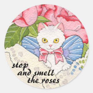 Sticker Rond Arrêtez et sentez l'autocollant rose