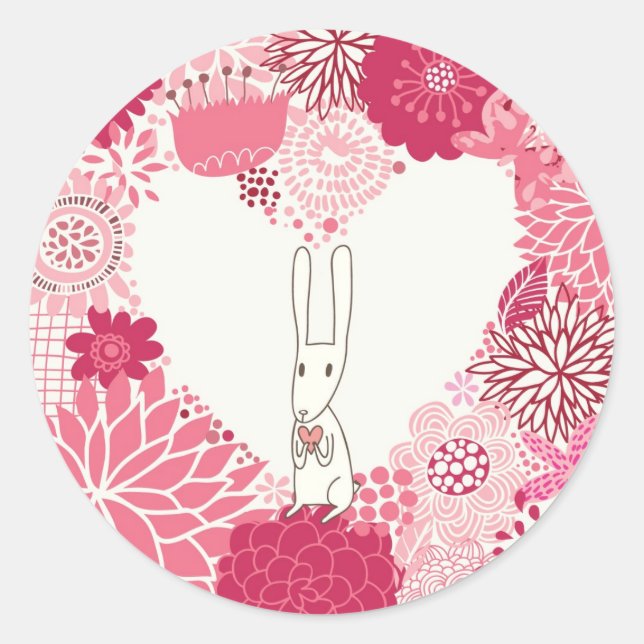 Sticker Rond Arrière - plan floral romantique avec lapin mignon (Devant)