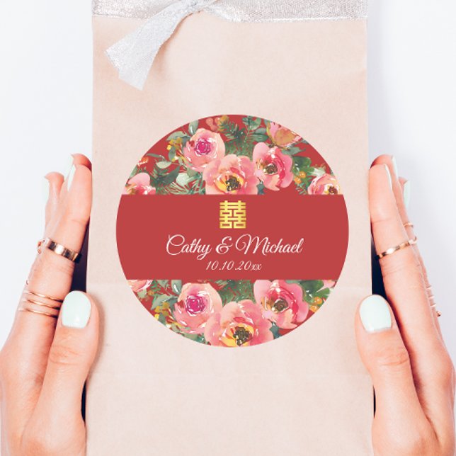 Sticker Rond Arrière - plan rose double bonheur symbole (Créateur téléchargé)