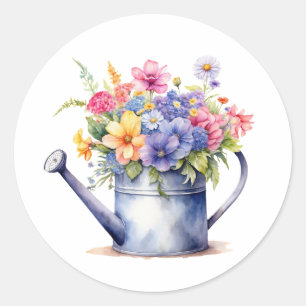 Sticker Rond Arrosage aquarelle avec fleurs de jardin