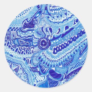 Sticker Rond Art à motif de style Ming bleu royal et blanc