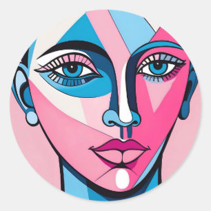 Sticker Rond Art Abstrait de visage bleu et rose