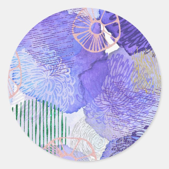Sticker Rond Art abstrait moderne bleu et violet (Devant)