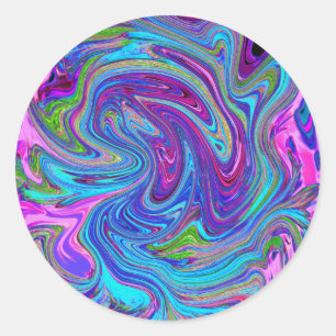Sticker Rond Art abstrait rétro groovy bleu, rose et violet