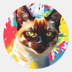 Sticker Rond Art Abstrait siamois impressionnant avec des trait