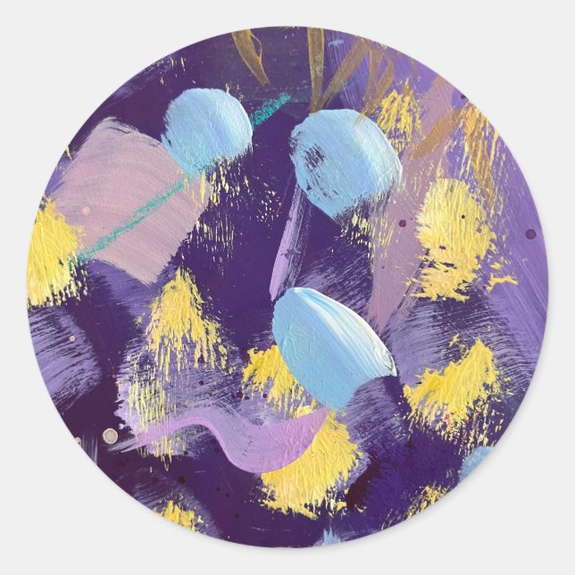 Sticker Rond Art abstrait violet, bleu et jaune vif (Devant)