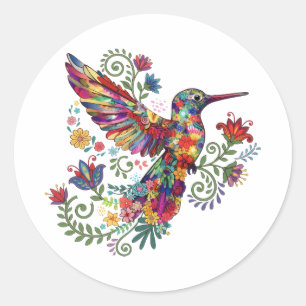 Sticker Rond Art aquarelle coloré de colibri floral