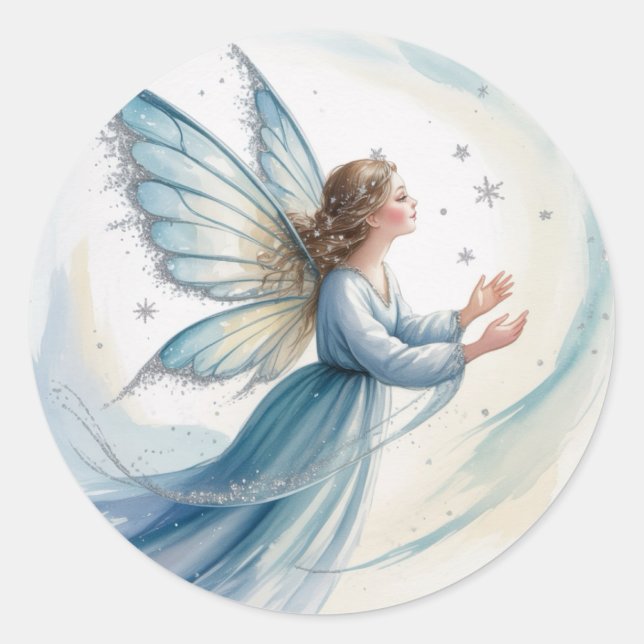 Sticker Rond Art aquarelle de fée de neige d'hiver (Devant)