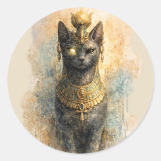 Sticker Rond Art aquarelle de la déesse féline Bastet de l'Égyp