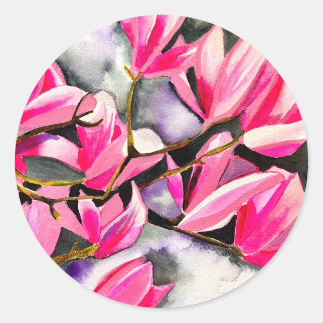 Sticker Rond art aquarelle magnolia rose (Devant)