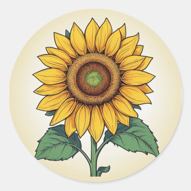 Sticker Rond Art botanique floral joyeux, Tournesol brillant (Devant)