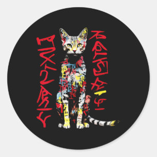 Sticker Rond Art Chat Texte Coloré Animal Graphique Motif Chat