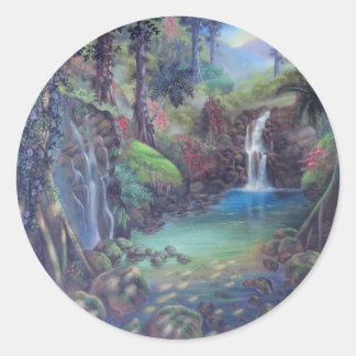 Sticker Rond Art de cascades de rivière de paysage de forêt