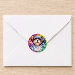 Sticker Rond Art de chien en verre teinté arc-en-ciel Shih Tzu
