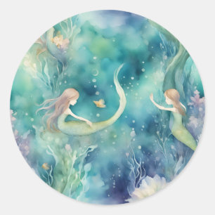 Sticker Rond art de sirènes à l'aquarelle