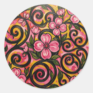 Sticker Rond Art de tourbillon floral rose vibrant