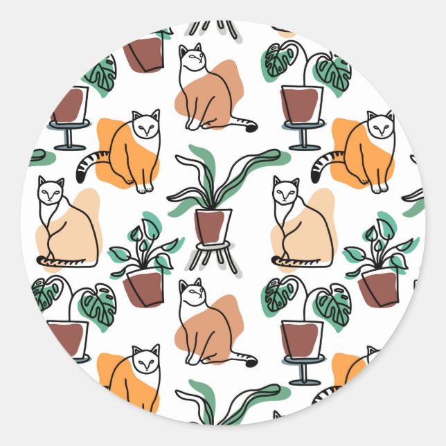 Sticker Rond Art de trait dessin chats et fleurs (Devant)