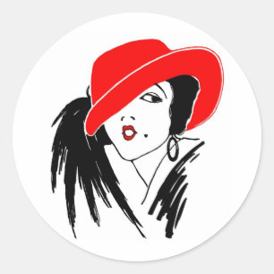Sticker Rond Art Déco Belle femme Casquette rouge
