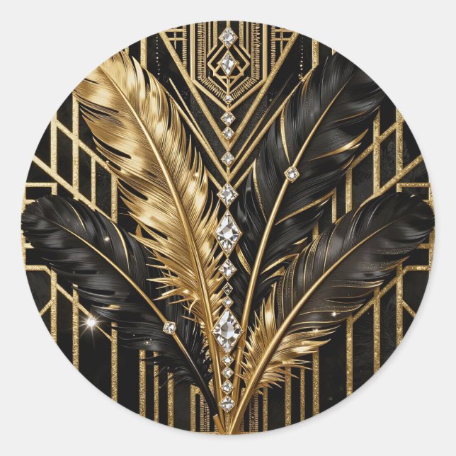 Sticker Rond Art Deco Black Gold Feathers (Devant)
