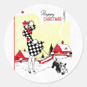 Sticker Rond Art Déco Girl et Scotty Dog