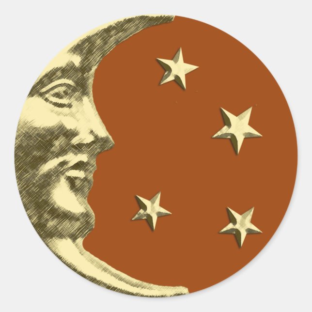 Sticker Rond Art Déco Lune et Etoiles - Rust Brown et or (Devant)