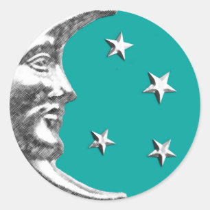 Sticker Rond Art Déco Lune et Etoiles - Turquoise & Argent