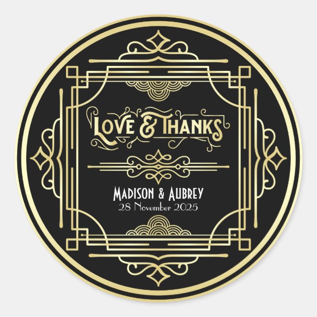 Sticker Rond Art Déco Mariage Amour & Merci Gold Black Faveur (Devant)