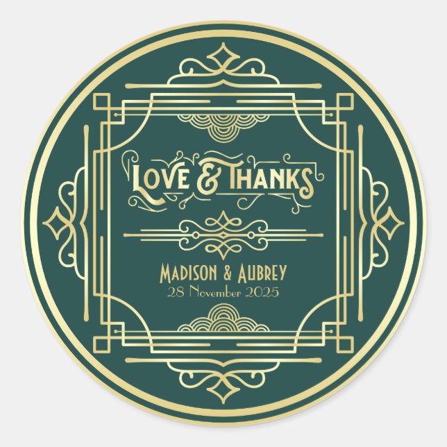 Sticker Rond Art Déco Mariage Amour & Merci Gold Green Favorise (Devant)