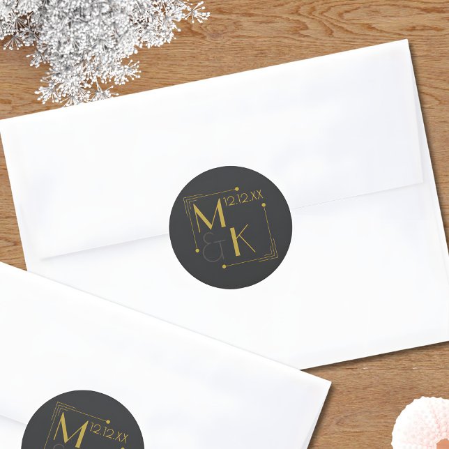 Sticker Rond Art déco Mariage des années 1920 Black Gold (Just add your wedding date and initials to these elegant black and gold wedding sticjers)