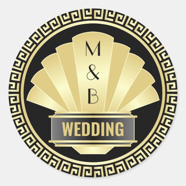 Sticker Rond Art Déco Mariage Elegant Or Noir Grand Gatsby (Devant)