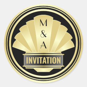 Sticker Rond Art Déco Mariage Elegant Or Noir Grand Gatsby