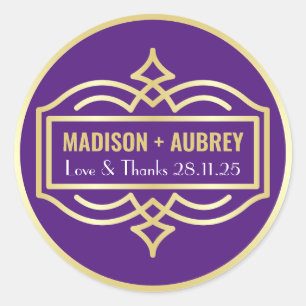Sticker Rond Art Déco Mariage Love & Merci Gold Purple Favore
