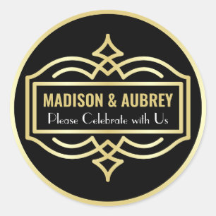 Sticker Rond Art Déco Mariage Love & Thanks Gold Black Mailing