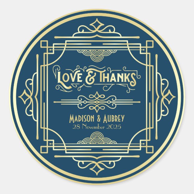 Sticker Rond Art Déco Mariage Love & Thanks Gold Blue Favor (Devant)