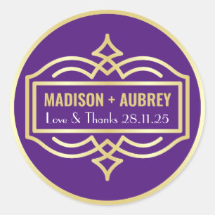 Sticker Rond Art Déco Mariage Love & Thanks Gold Purple Favoris