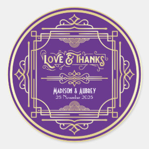 Sticker Rond Art Déco Mariage Love & Thanks Gold Purple Favoris